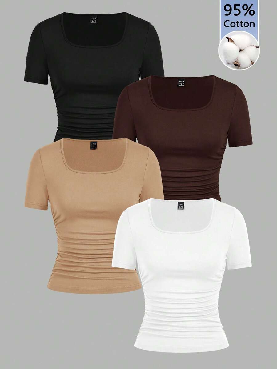 SHEIN EZwear 4件套女士休闲简约T恤，适合夏季穿着 - 彩色 - 查看 1
