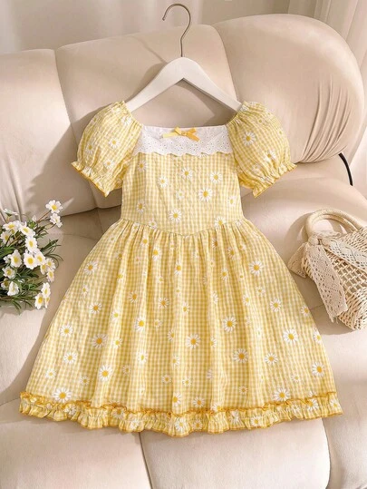 SHEIN Elladie kids 1pc Young Girls' Summer New Off Shoulder Puff Sleeve Elastic Waist Ruffle Collar Bow Tie A-Line Gingham Floral Dress, Cute Sweet Princess Style