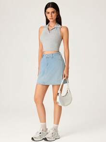 SHEIN BASICS Top corto sin espalda de unicolor casual para mujer, verano - Gris - Ver 6