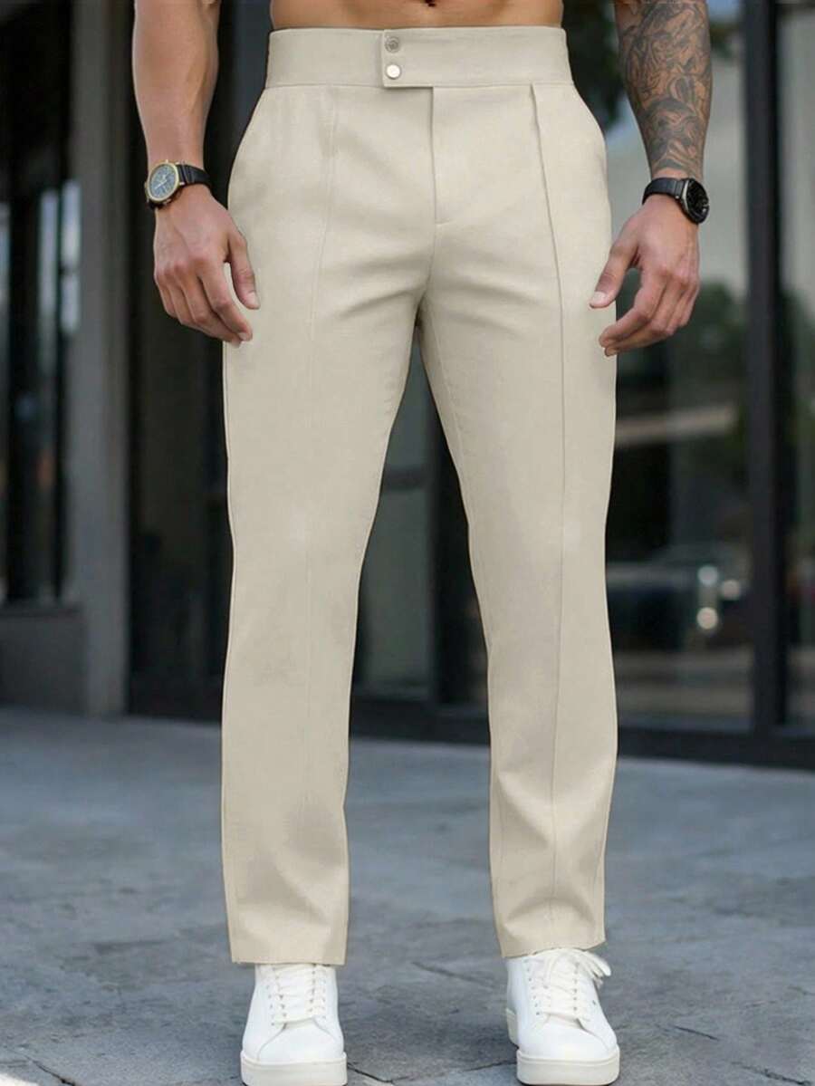 Manfinity Mode Men's High Waist Suit Pants,Beige Summer Business Casual Office Work Trousers,Solid Color Minimalist Design,Old Money Style Versatile Wear,Ceremony - Apricot - View 1
