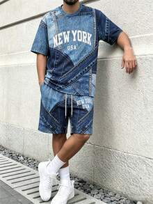 Manfinity Hypemode Bộ đồ nam 2 món chất liệu denim giả chữ, thích hợp mặc nhà, thể thao và du lịch. - Màu xanh hải quân - Xem 5