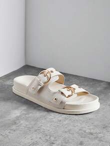 SHUZIA Sandal Datar Slip-On Wanita Replika Superior Comfort dengan Gesper dan Tali Ganda - Putih - View 3