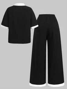 SHEIN Bộ đồ thường ngày đa năng cho nữ tuổi teen, màu đen trắng, không tay cổ tròn, phối viền tương phản, gồm áo thun và quần ống rộng dệt kim. - màu đen - Xem 2