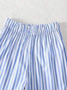 Souflis Souflis 2pcs/Set Toddler Boys' Casual Comfortable Graphic Print Round Neck Raglan Top And Striped Shorts, Suitable For Spring/Summer Outdoor Play Daily Wear - Blue - View 4