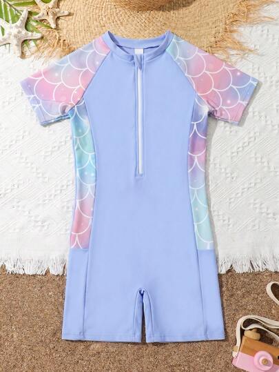 SHEIN Tween Girl Vacation Beach Fish Scale Print Patchwork One-Piece Swimsuit Summer Holiday