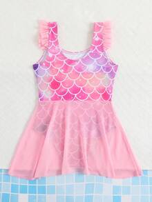 SHEIN Girls' One-Piece Swimsuit With Skirt Fish Scale Mermaid Print Mesh Ruffle Hem Quick-Dry Swimwear For Kids,Summer,Beach,Holiday Princess Swim Dress - Multicolor - View 2