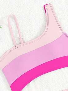 Girls Asymmetric Neckline Color Block Swimsuit With Hollow Design Waist, Purple Beach Outfit - Multicolor - View 3