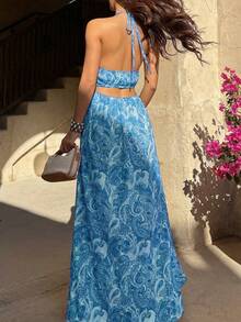 Sunnyshic 女士蜜桃红佩斯利印花无肩带系腰紧身连衣裙，性感欧美海滩度假风 - 藍色 - 查看 2