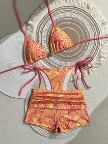 Swim Mod Women's Holiday/Festival Outfit, Random Multi-Color Printed Knit Halter Bikini 3-Piece Swimwear, Beach Wear - Multicolor - View 8