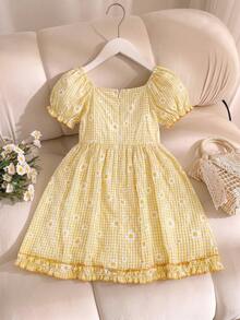 SHEIN Elladie kids 1件装 女童夏季新款露肩泡泡袖松紧腰荷叶边领蝴蝶结A字格纹碎花连衣裙，可爱甜美公主风 - 黃色 - 查看 3