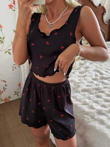 CottageSlumber Women's Casual Cherry Print Knit Frill Trim Pajama Set - Black - View 4