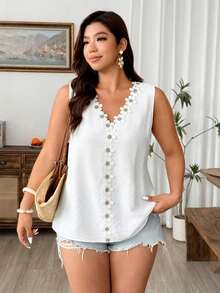 Weeklong Plus Size Sleeveless Floral Lace Patchwork Blouse - White - View 7