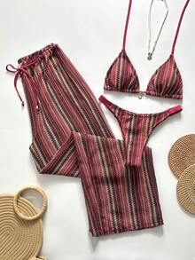 Swim Chiccia Women's Beach Holiday Holiday Casual Boho Brown Striped Bikini Set Summer - Multicolor - View 1