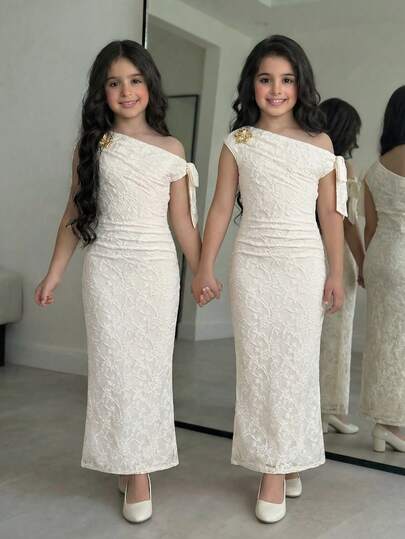 SHEIN Tween Girl Casual Elegant Asymmetrical Shoulder Ruched Waist Bodycon Maxi Lace Dress, Suitable For Halloween Party, Back To School Outfit, Gatherings, Apricot Color