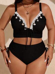 SHEIN Swim Curve 大尺碼女款夏季海灘派對度假風拼接海星貝殼裝飾抽繩抓皺打結開衩比基尼套裝 黑色性感希臘女神風 - 黑色 - 查看 5