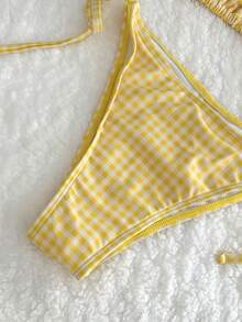 Swim Vcay 三件套女士泳装比基尼，复古格纹波点条纹泳裤，适合波西米亚风度假、健身、休闲、Y2K复古风、甜美可爱复古沙滩女泳装套装，春夏精选沙滩装，时尚穿搭，七月四日主题夏季沙滩装 - 黃色 - 查看 7