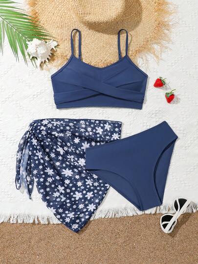 Bikini Sets für Teenager Mädchen, einfarbiger Twist-Vorder-Rüschen Badeanzug Set mit bedrucktem Mesh-Cover-Up Rock, geeignet für Schwimmen, Urlaub, Strand im Sommer
