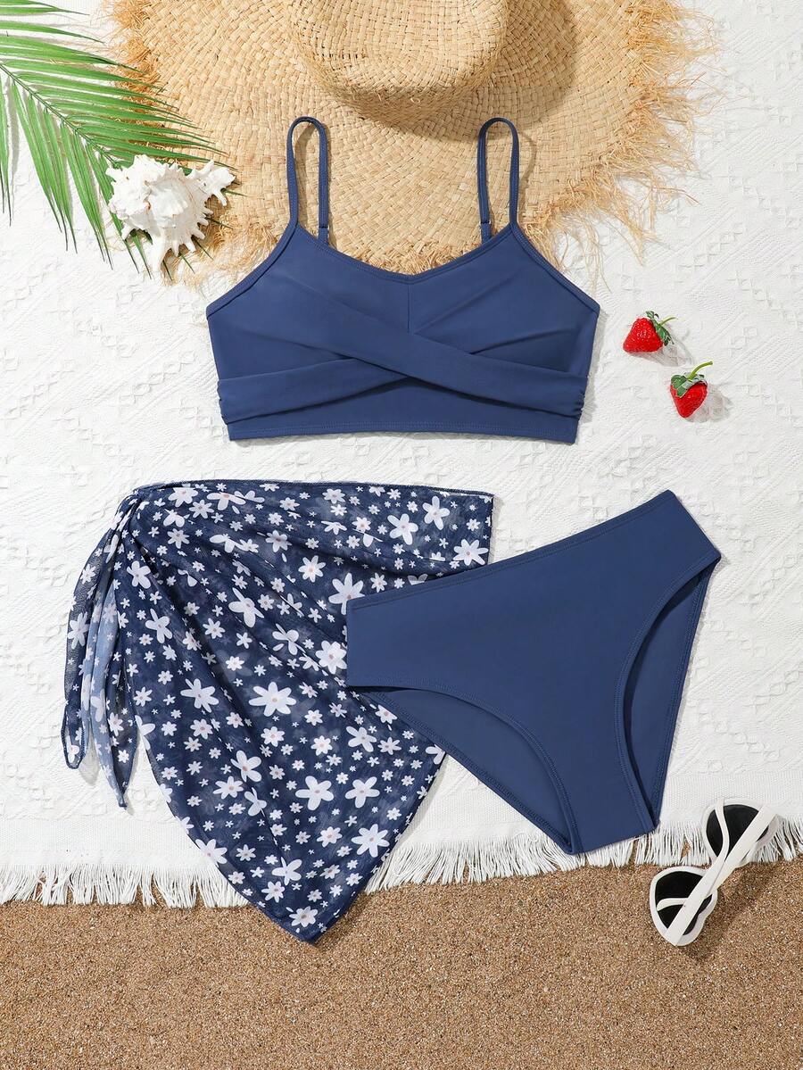SHEIN Teen Girls Bikini Sets, Solid Color Twist Front Ruffle Swimwear Set With Printed Mesh Cover-Up Skirt, Suitable For Swimming, Holiday, Beach In Summer - Navy Blue - View 1