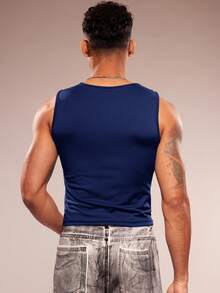 FeverCity Rompi Rajut Kasual Tanpa Lengan Kerah Bulat Berlubang untuk Pria, Musim Semi/Panas - Navy Blue - View 2