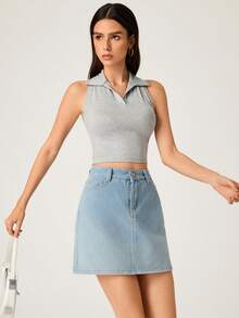 SHEIN BASICS Top corto sin espalda de unicolor casual para mujer, verano - Gris - Ver 4