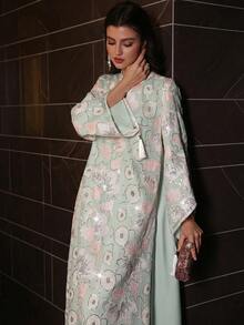 Layrah Luxurious Beaded Embroidered Stand Collar Asymmetric Flare Sleeve Robe, Spring/Summer - Mint Green - View 2