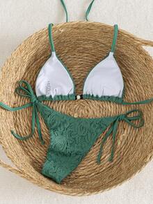 Nuevo conjunto de bikini de 2 piezas de lujo y elegante Swim Vcay, con encaje de ganchillo blanco y triángulo caramelo/marrón. Parte superior de natación con cuello de halter y acentos de cuentas de madera, tanga sexy de corte alto para traje de baño/ropa de playa de verano, estilo retro Y2K picante de chica sexy para vacaciones en la playa, piscina, festivales de música, salidas a la tropical y vibraciones modernas. - Verde - Ver 6