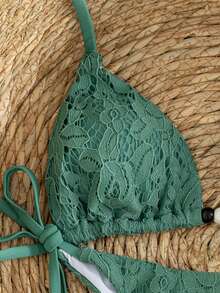 Nuevo conjunto de bikini de 2 piezas de lujo y elegante Swim Vcay, con encaje de ganchillo blanco y triángulo caramelo/marrón. Parte superior de natación con cuello de halter y acentos de cuentas de madera, tanga sexy de corte alto para traje de baño/ropa de playa de verano, estilo retro Y2K picante de chica sexy para vacaciones en la playa, piscina, festivales de música, salidas a la tropical y vibraciones modernas. - Verde - Ver 8