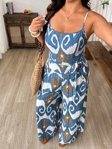 Weeklong Plus Size Women Geometric Print Camisole Crop Top Wide Leg Pants 2 Pieces Set, Casual Vacation Outfits Gym Brown Summer - Blue and White - View 4