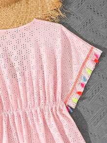 SHEIN Bộ đồ bơi ngoài trời cho bé gái tuổi teen, màu hồng, chất liệu vải dệt kim nhẹ, gồm áo dài và quần short, kiểu dáng thời trang cho kỳ nghỉ biển, thiết kế tua rua sành điệu, thích hợp cho bơi lội, mùa hè, bãi biển, hồ bơi, kỳ nghỉ và tiệc tùng. - Hồng - Xem 4