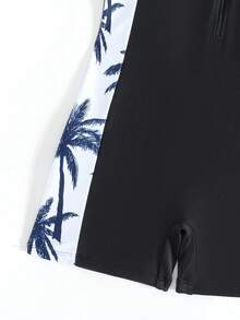 SHEIN Traje de baño de una pieza con cremallera frontal y estampado de palmeras, adecuado para nadar, playa de verano para niñas preadolescentes - Negro - Ver 4