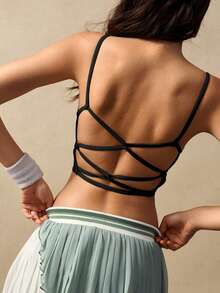 VARSIVA Women's Spaghetti Strap Hollow Back Criss-Cross Sports Bra, Sleeveless For Summer - Black - View 2