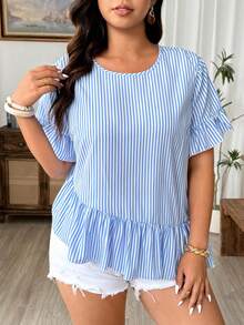 Weeklong Plus Size Women Casual Ruffle Sleeve Asymmetrical Hem Loose Blouse, Summer - Blue and White - View 5