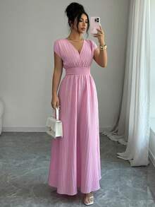 Elenzga Women's V-Neck Sleeveless Mid-Length Dress, Textured Fabric, Waist Cinched, Elegant Resort Wear, Spring/Summer - Pink - View 4