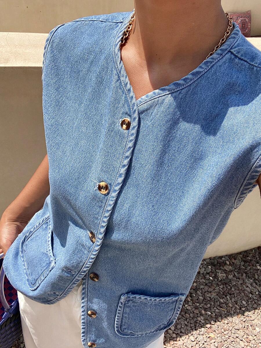 Livesso Áo sơ mi denim không tay cổ tròn ôm sát có túi dành cho nữ - Màu xanh lam - Xem 1
