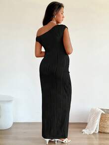 SHEIN 孕妇不对称肩纯色修身夏季连衣裙 - 黑色 - 查看 5