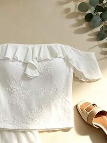 SHEIN Franclia Bộ đồ nữ hở vai, xếp ly, ren, 2 mảnh - trắng - Xem 3