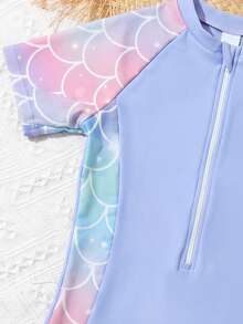 SHEIN Tween Girl Vacation Beach Fish Scale Print Patchwork One-Piece Swimsuit Summer Holiday - Blue and White - View 4