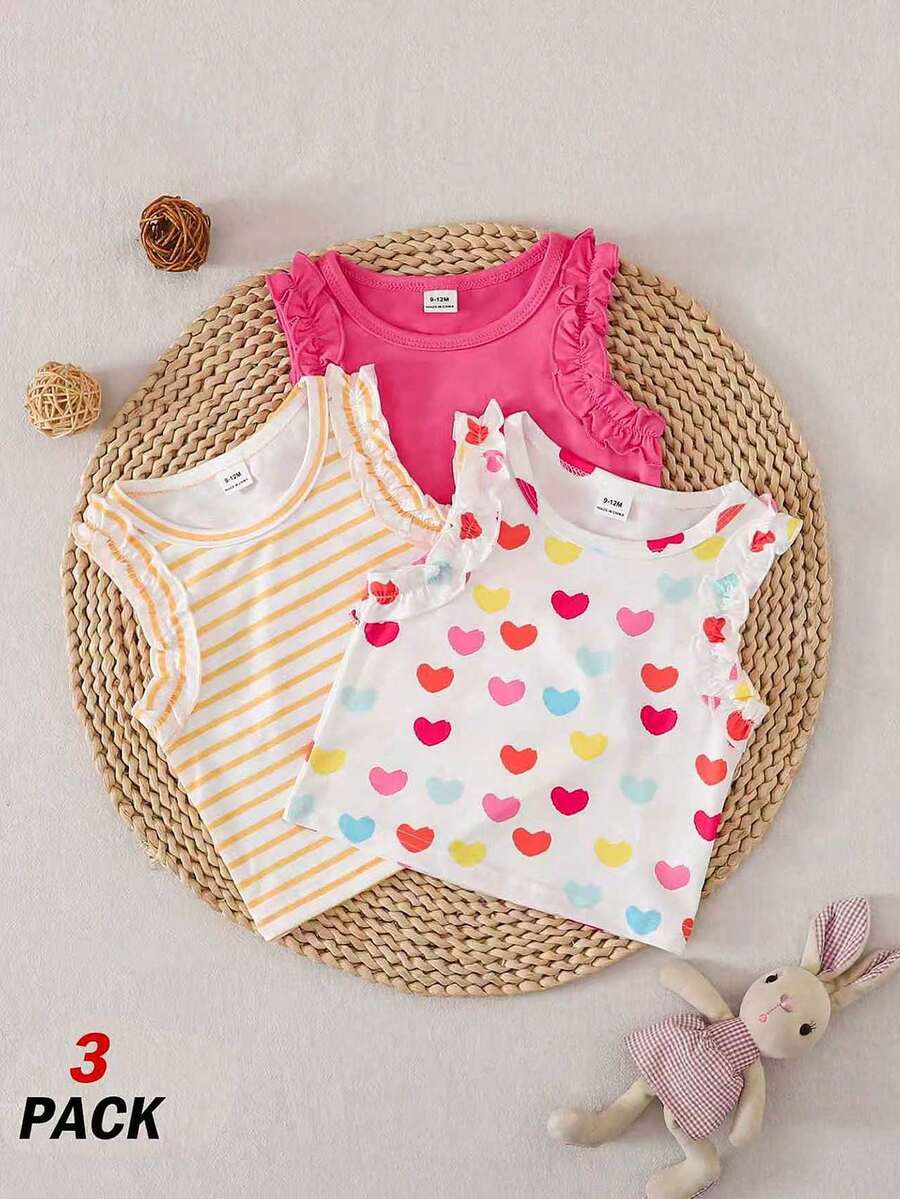 Vintaside Kids Bộ 3 áo kiểu thường ngày cho bé gái, gồm áo hồng trơn, áo màu mơ và áo tay bèo kẻ sọc, thoải mái và thân thiện với làn da, phù hợp mặc ở nhà, đi nghỉ mát hoặc mặc hàng ngày. - Nhiều màu - Xem 1