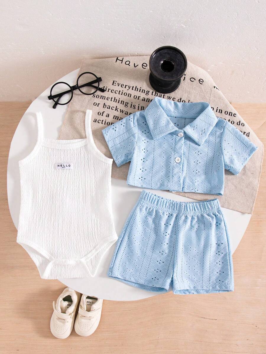 SHEIN 3件套女婴度假休闲纹理面料套装，包括衬衫、短裤和连体衣，适合日常穿着，夏季款