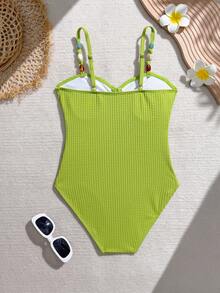 SHEIN Girls'Lime Green One-Piece Beaded Swimsuit,Cute Summer Beach Holiday Bathing Suit For Tweens,Elegant Solid Color Tankini Swimwear For 12 Year Old - Green - View 2