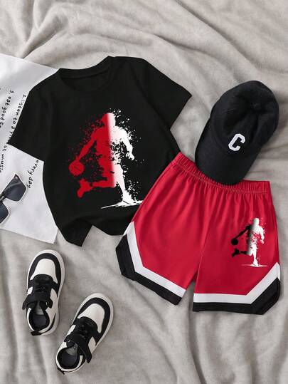SHEIN Vacaura 2pcs/Set Toddler Boys' Casual Large Print Round Neck Knit T-Shirt And Matching Knit Shorts, Comfortable Fabric Suitable For Daily Wear And Sports, Suitable For Summer