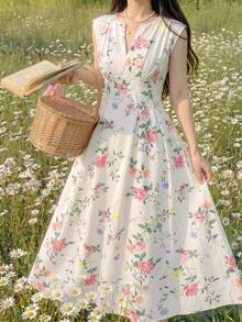 SHEIN PETITE Floral Print V-Neck Waist Cinched Sleeveless Romantic Elegant Vintage Sweet Lady's Dress, Suitable For Vacation And Commute - Multicolor - View 5