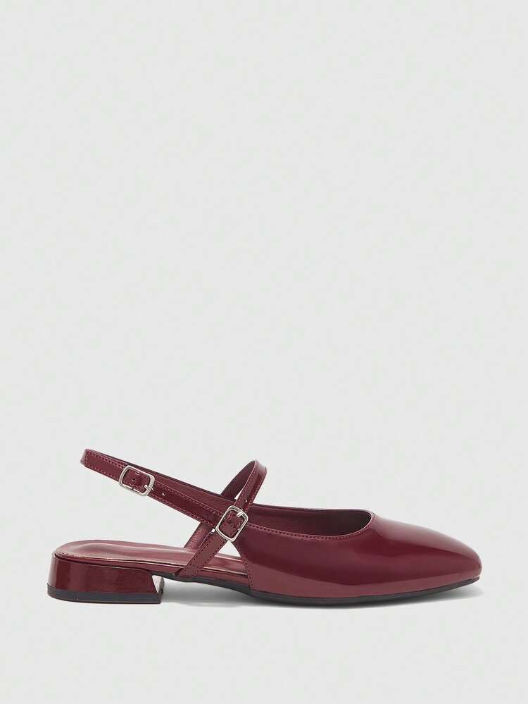 CUCCOO BIZCHIC Coarse Heel Flat-Soled Women's Shoes Burgundy Back Strap Belt Simple And Comfortable Commuter Women's Flat-Soled Shoes Daily Versatile Work Spring And Summer Mary Jane Women's Shoes