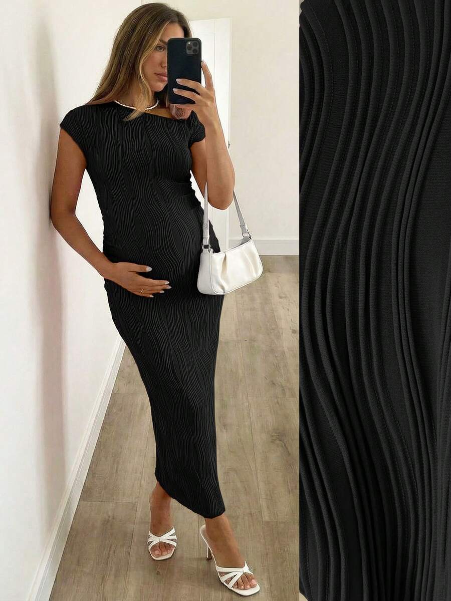 SHEIN 孕妇不对称肩纯色修身夏季连衣裙 - 黑色 - 查看 1