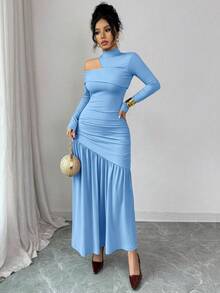 Modelyn Women's Elegant Coffee Color Hollow Shoulder Design Turtleneck Dress, Autumn/Winter - Blue - View 7