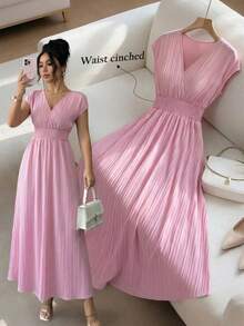 Elenzga Women's V-Neck Sleeveless Mid-Length Dress, Textured Fabric, Waist Cinched, Elegant Resort Wear, Spring/Summer - Pink - View 1