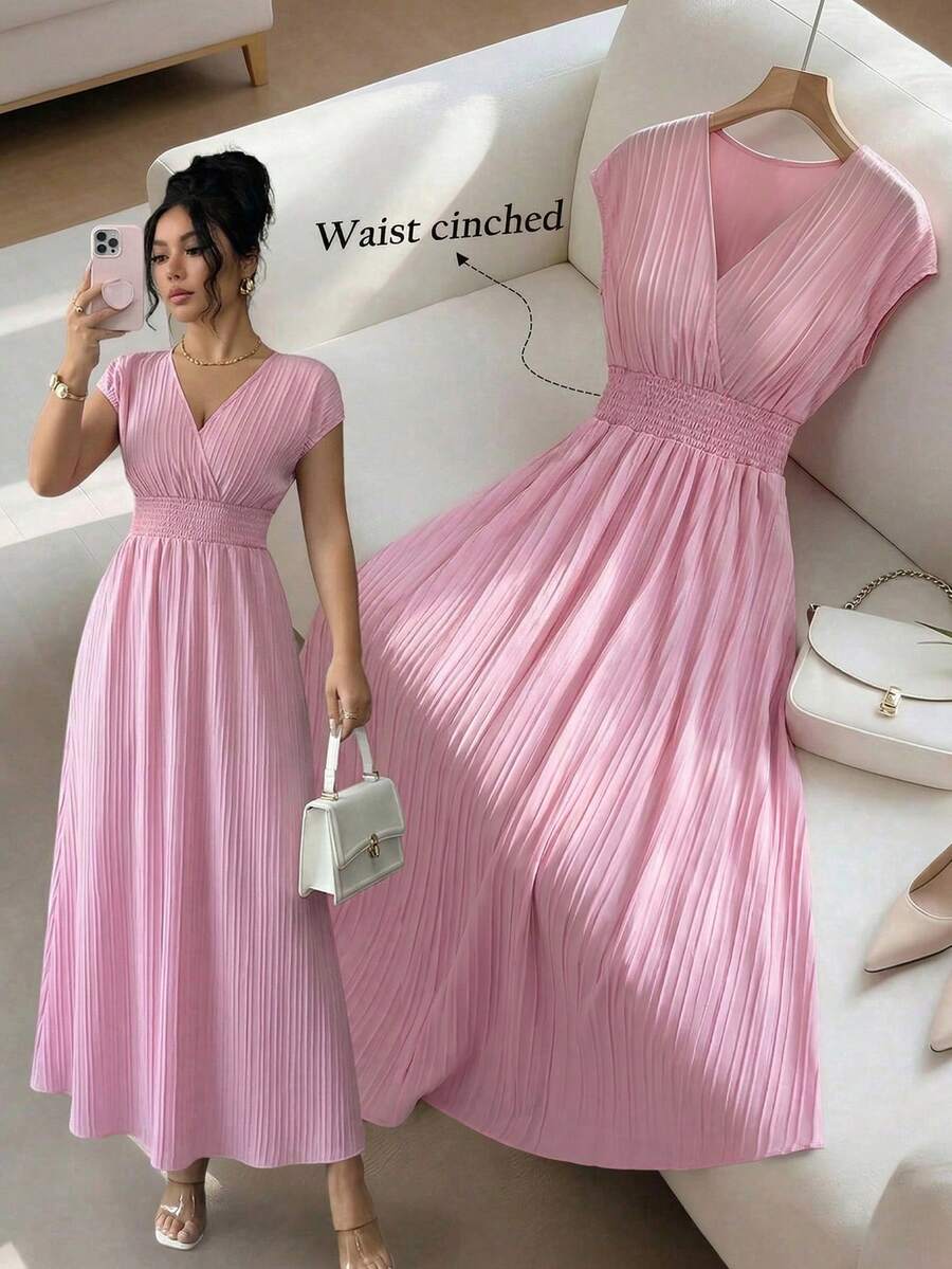Elenzga Women's V-Neck Sleeveless Mid-Length Dress, Textured Fabric, Waist Cinched, Elegant Resort Wear, Spring/Summer - Pink - View 1