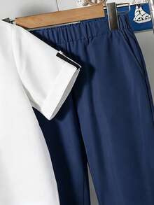 Vacaura 2pcs/Set Setelan Musim Panas Anak Laki-Laki: Kemeja Kerah Tegak Kasual Serbaguna Dipadukan dengan Celana Saku Polos Sederhana, Cocok untuk Pakaian Sehari-hari dan Aktivitas Luar Ruangan - Navy Blue - View 6