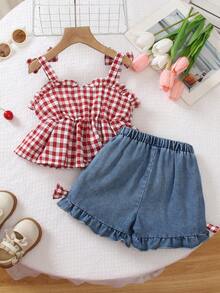SHEIN Girlhood Core 少女休闲学院风红色吊带背心和蓝色水洗牛仔短裤樱桃印花两件套 - 紅色 - 查看 2