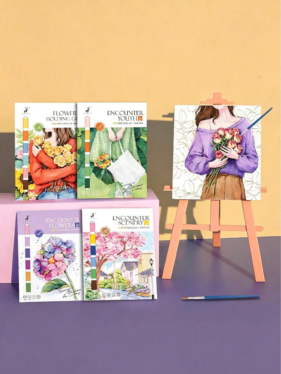 4件套创意水彩画 - 成人涂色书，包含风景和花卉图案，内含水彩纸和颜料，可用于艺术绘画和涂色，创意休闲活动，母亲节礼物，妈妈礼物，返校季礼物，学习用品